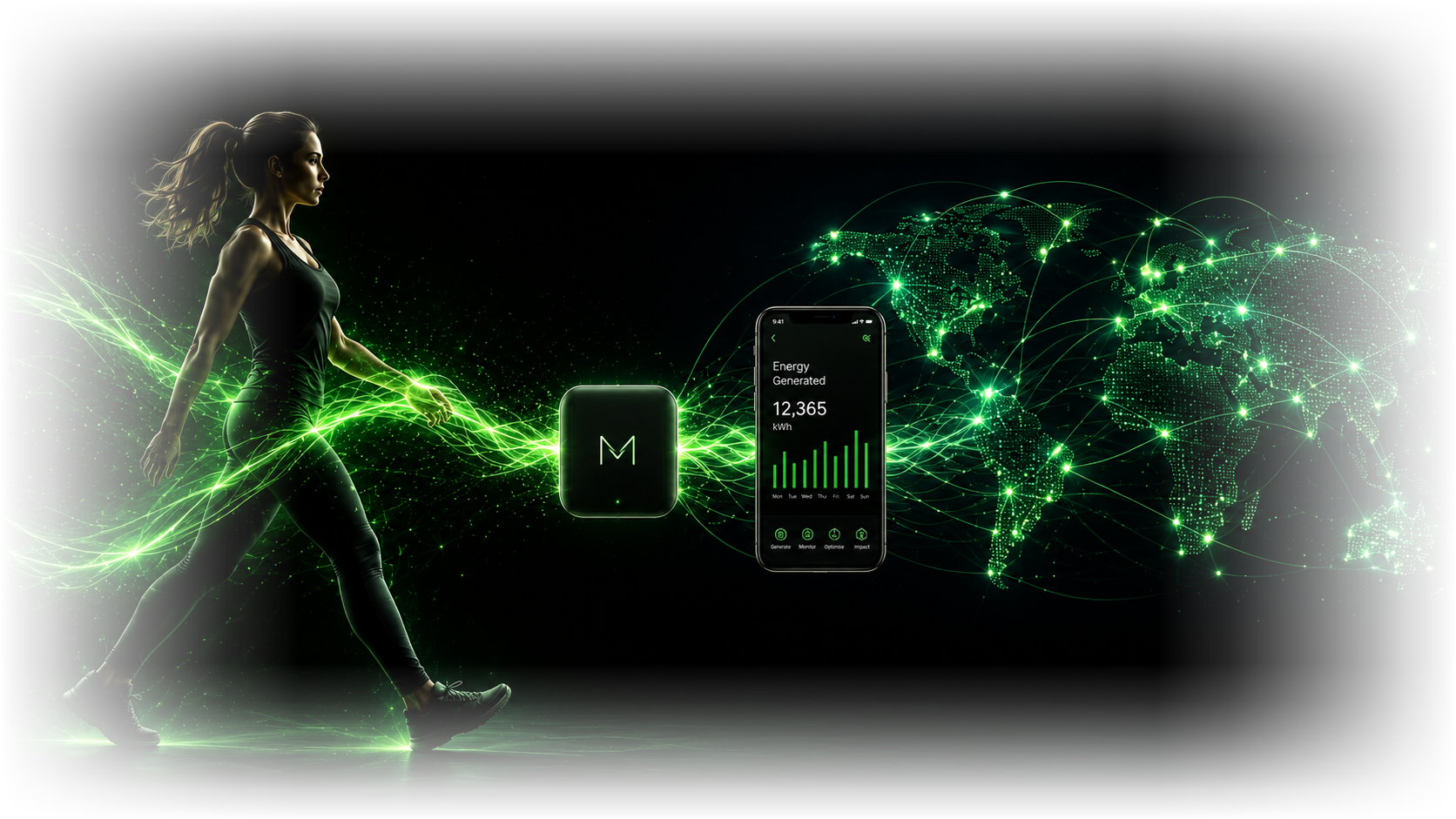 Human movement connected to an energy device, application and global network