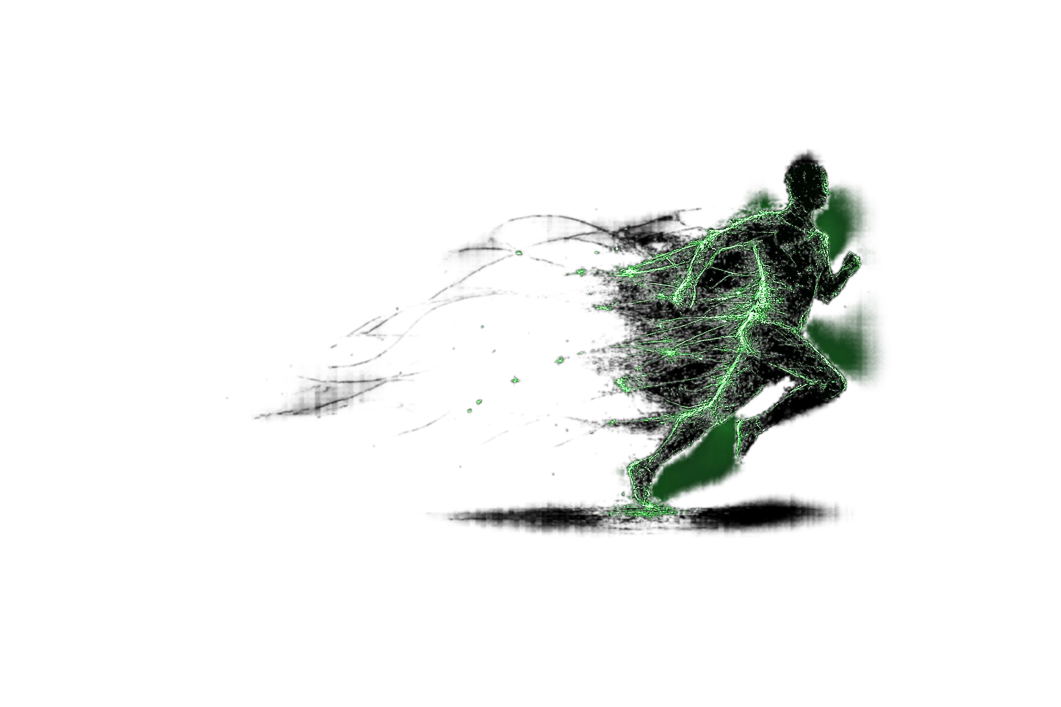 Glowing human figure in motion represented through energy particles and data lines